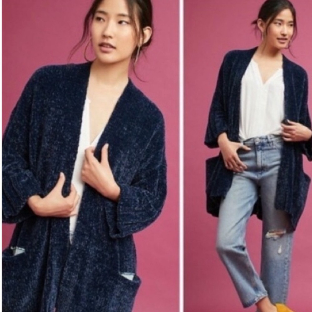Anthropologie Moth Blue Chenille Oversized Boho Cardigan Sweater M‎